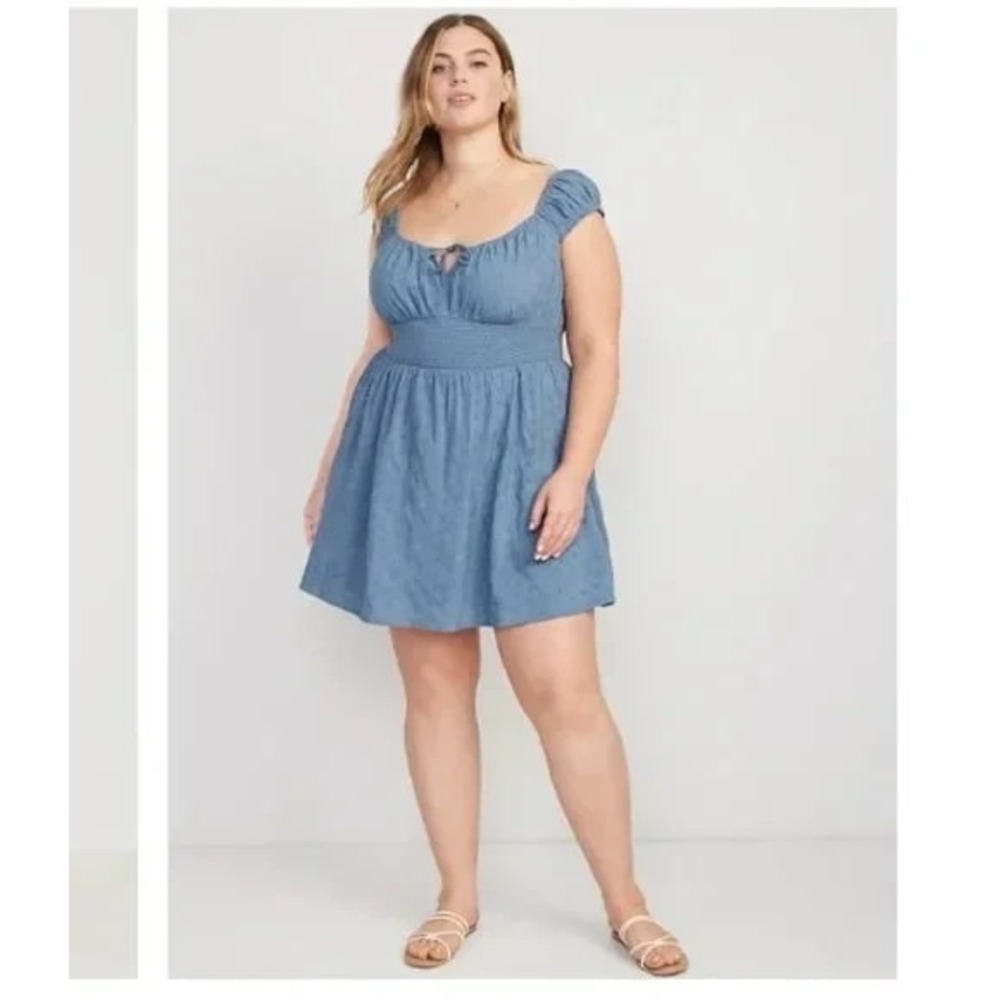 Old Navy Mini Dress Women's Seaborne Smocked‎ Short Puff Sleeve Flared - Large